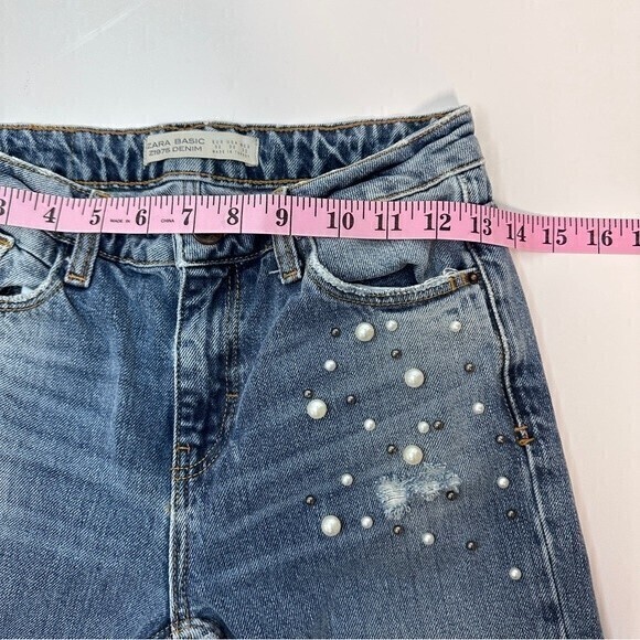 Zara Basic Z1975 Distressed Jeans with Pearls details, Size 00, Blue - Picture 6 of 8